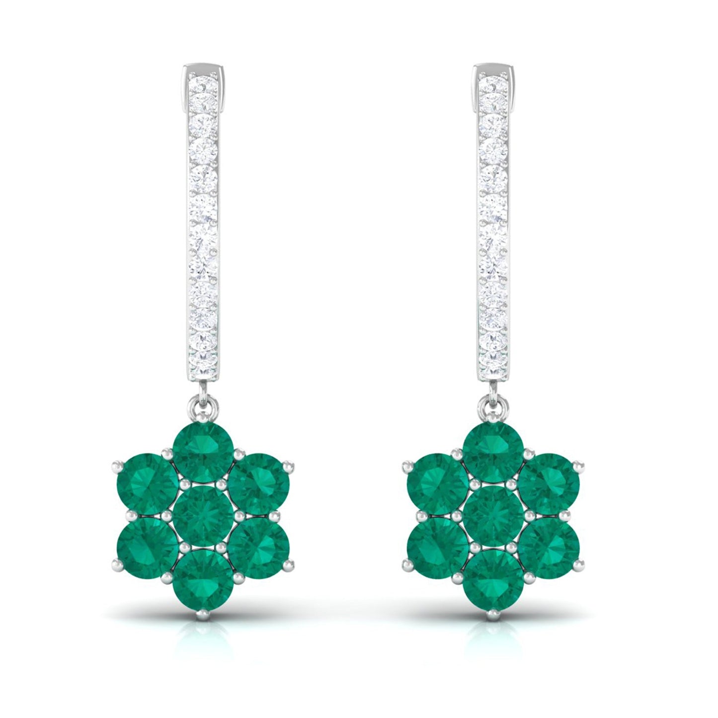 Natural Emerald Flower Drop Earrings with Diamond Hoop