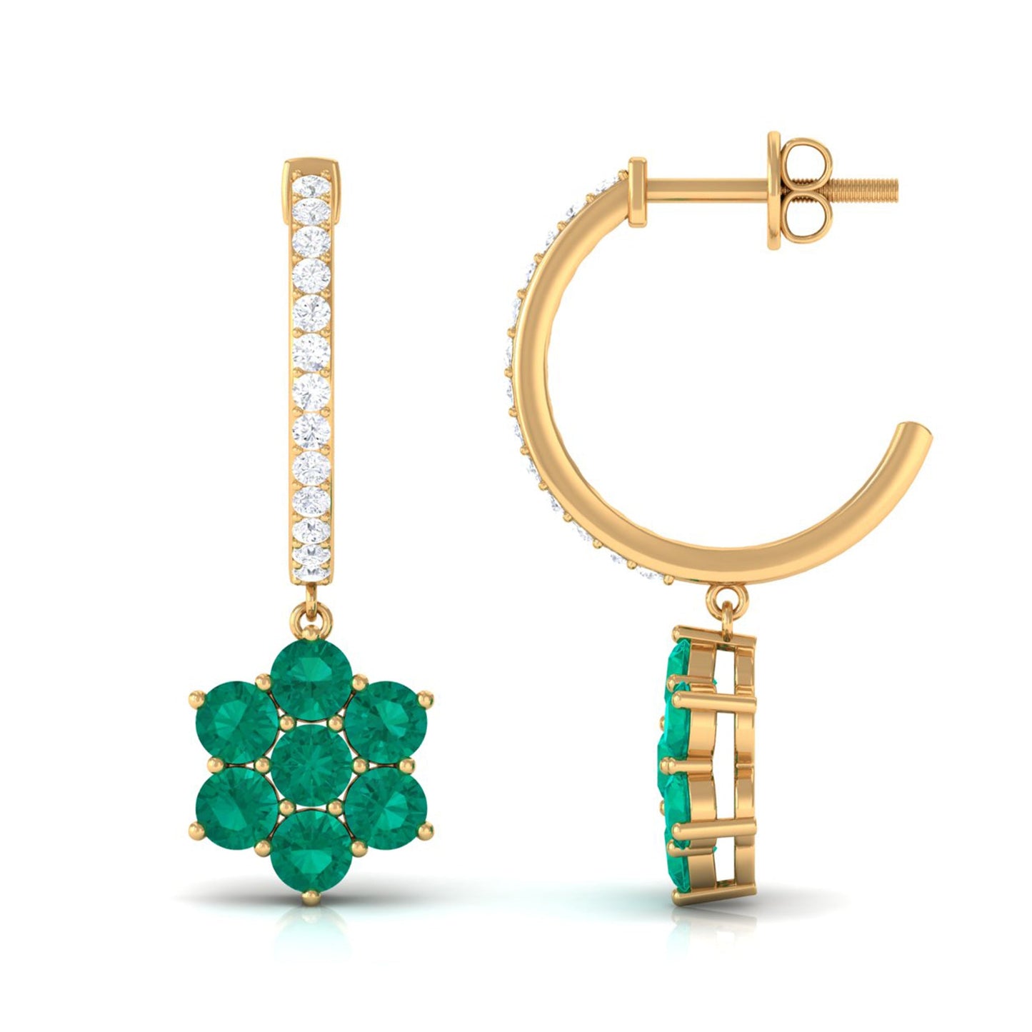 Natural Emerald Flower Drop Earrings with Diamond Hoop