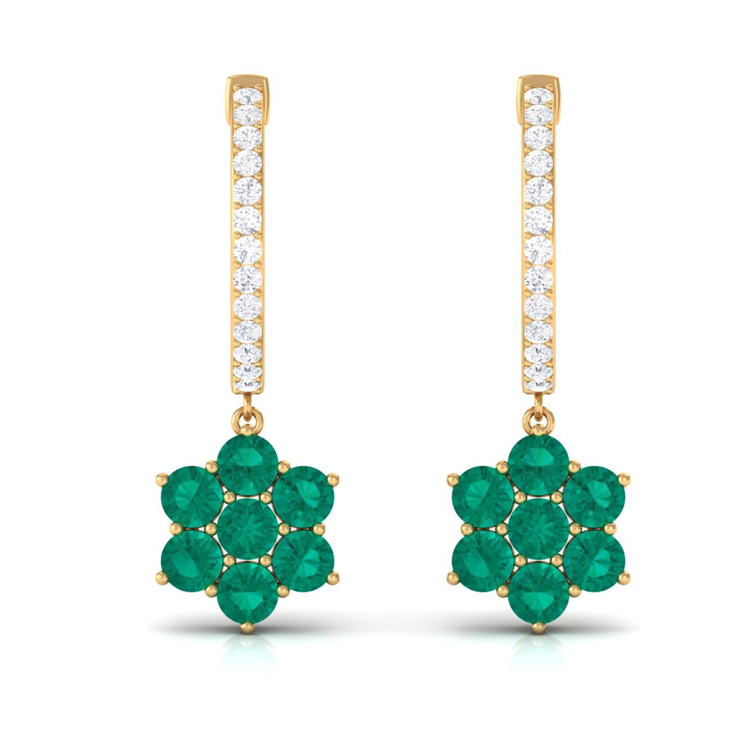 Natural Emerald Flower Drop Earrings with Diamond Hoop