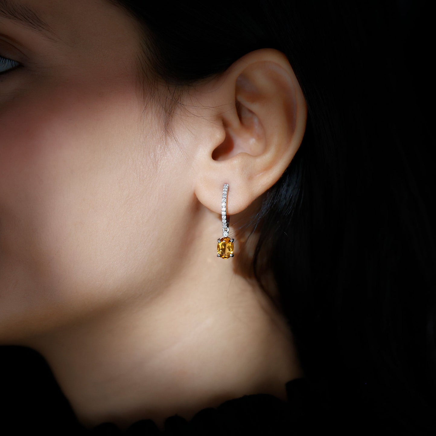 Oval Shape Citrine Hoop Drop Earrings with Diamond