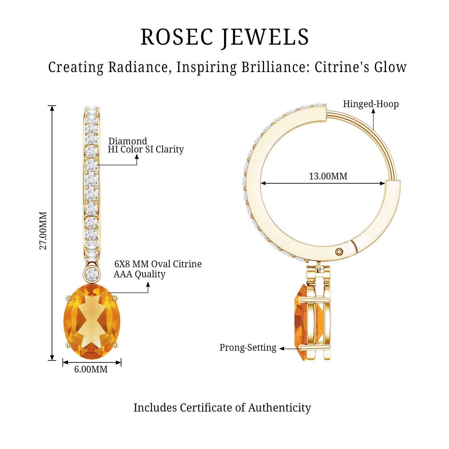 Oval Shape Citrine Hoop Drop Earrings with Diamond