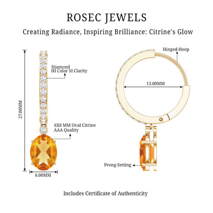 Oval Shape Citrine Hoop Drop Earrings with Diamond