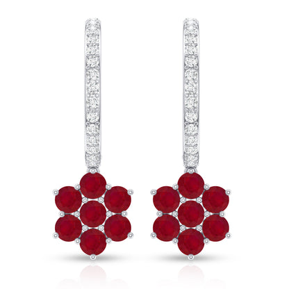 Certified Ruby Flower Drop Earrings with Diamond Hoop