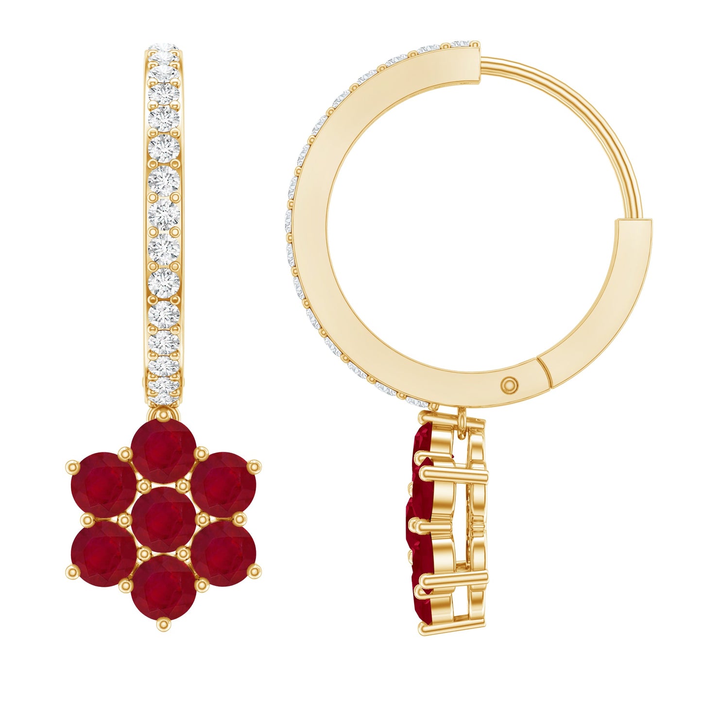 Certified Ruby Flower Drop Earrings with Diamond Hoop