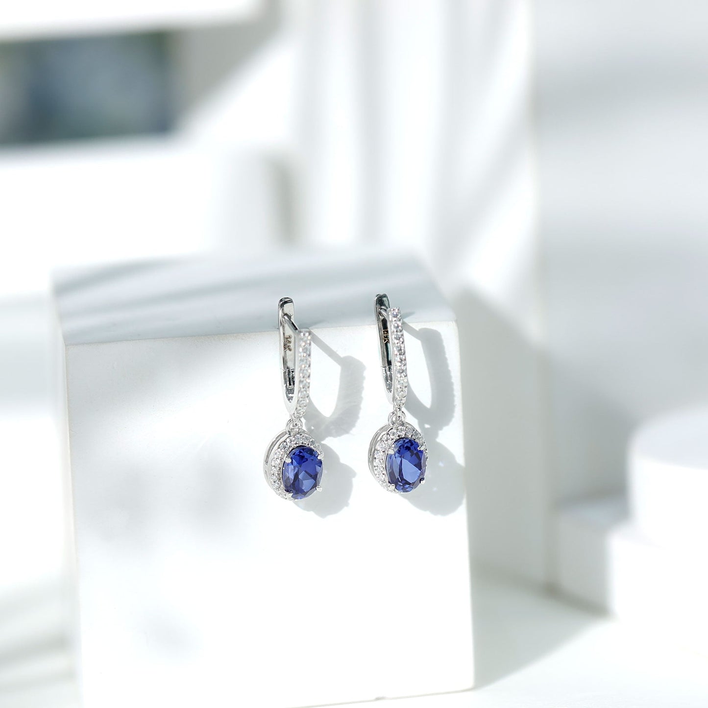 Lab Grown Blue Sapphire Hoop Drop Earrings with Moissanite Halo