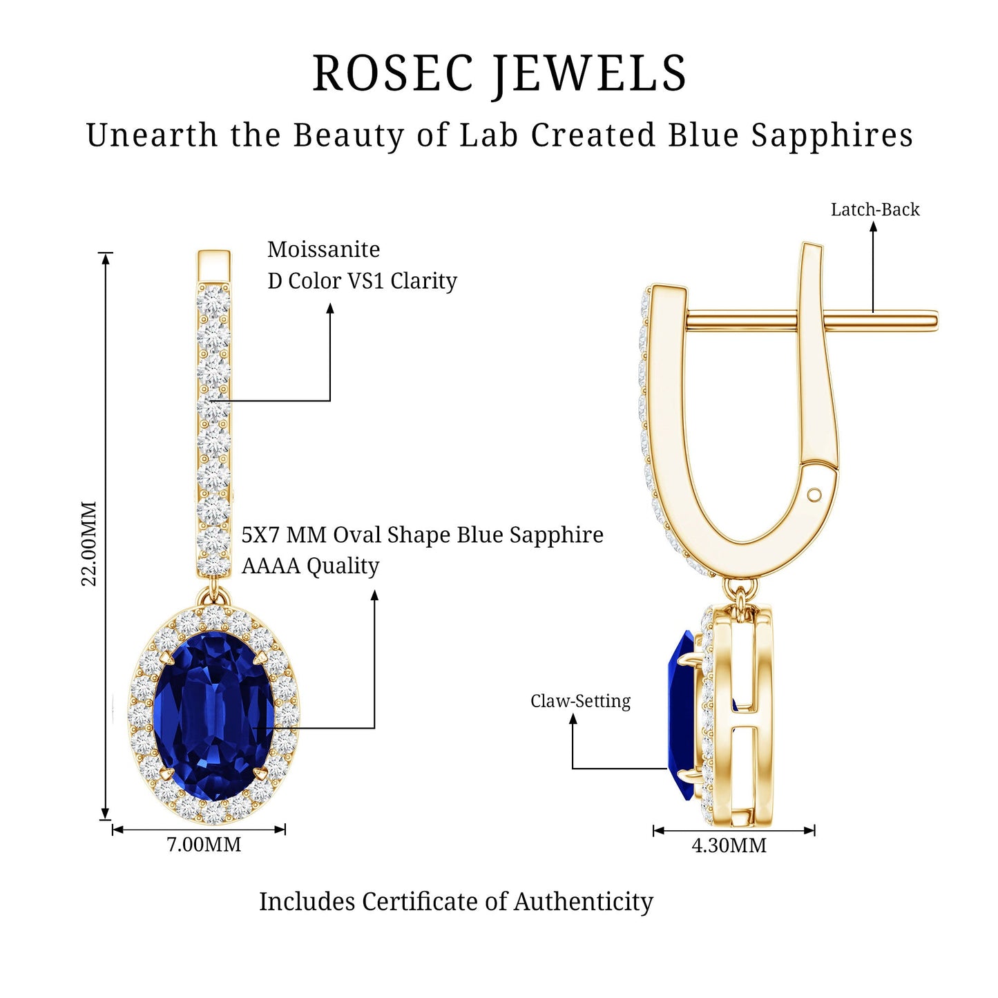Lab Grown Blue Sapphire Hoop Drop Earrings with Moissanite Halo
