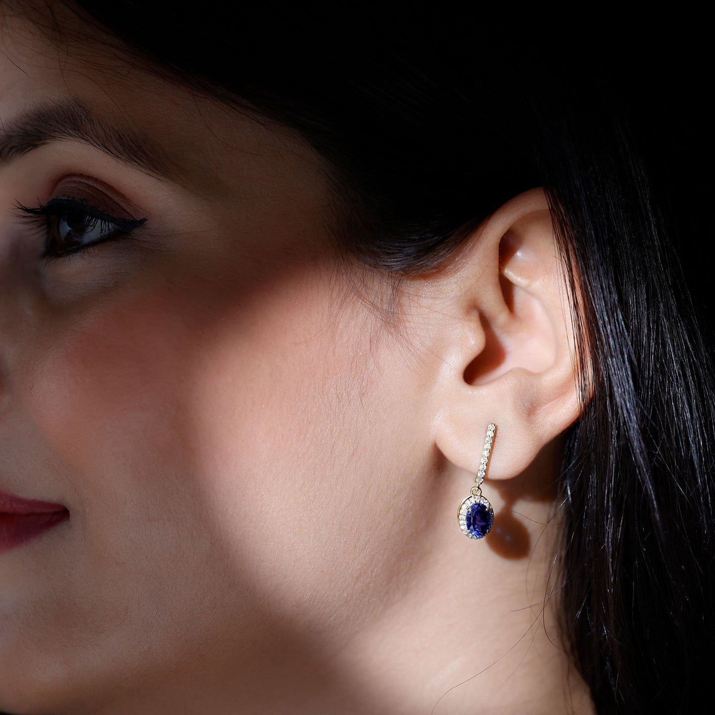 Lab Grown Blue Sapphire Hoop Drop Earrings with Moissanite Halo