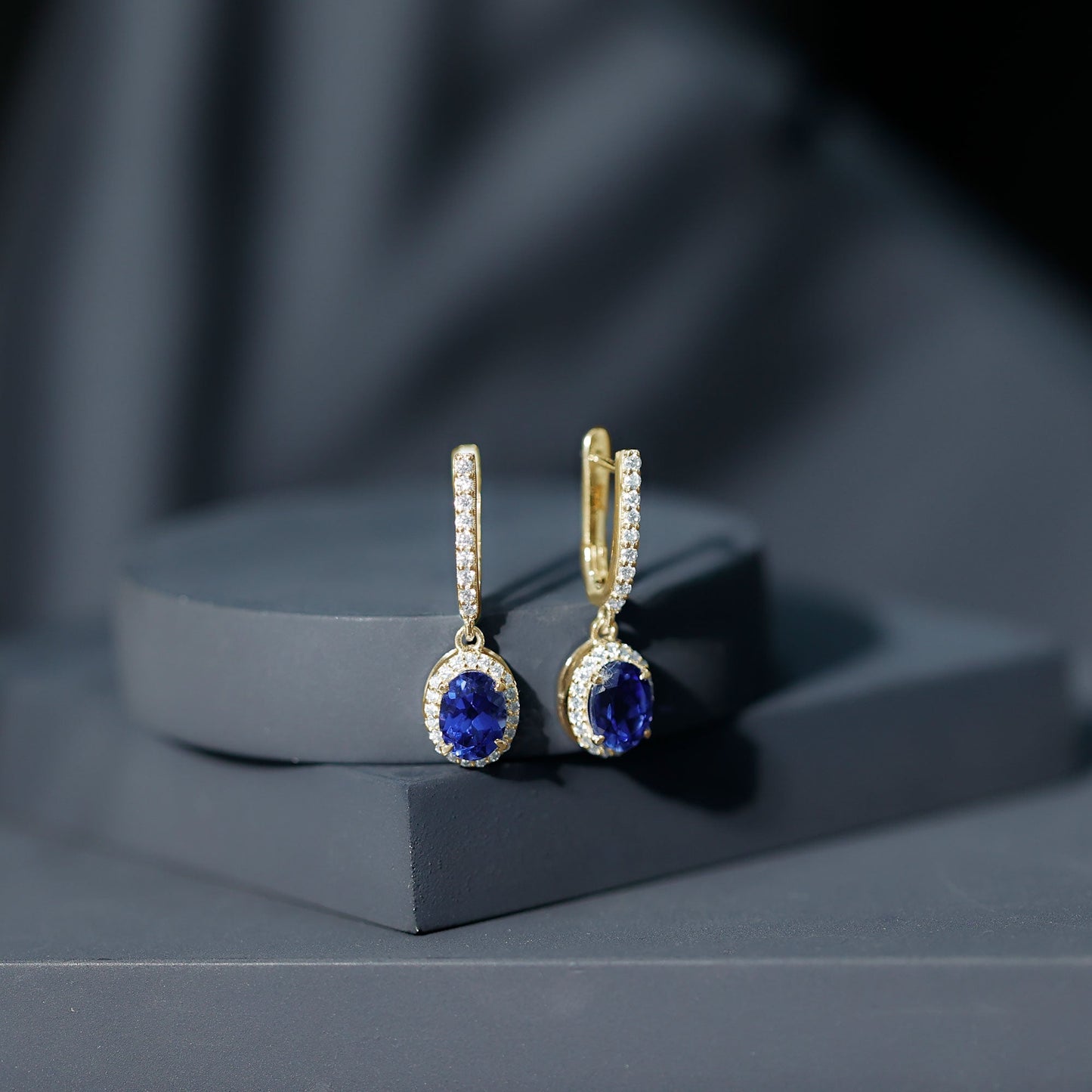 Lab Grown Blue Sapphire Hoop Drop Earrings with Moissanite Halo