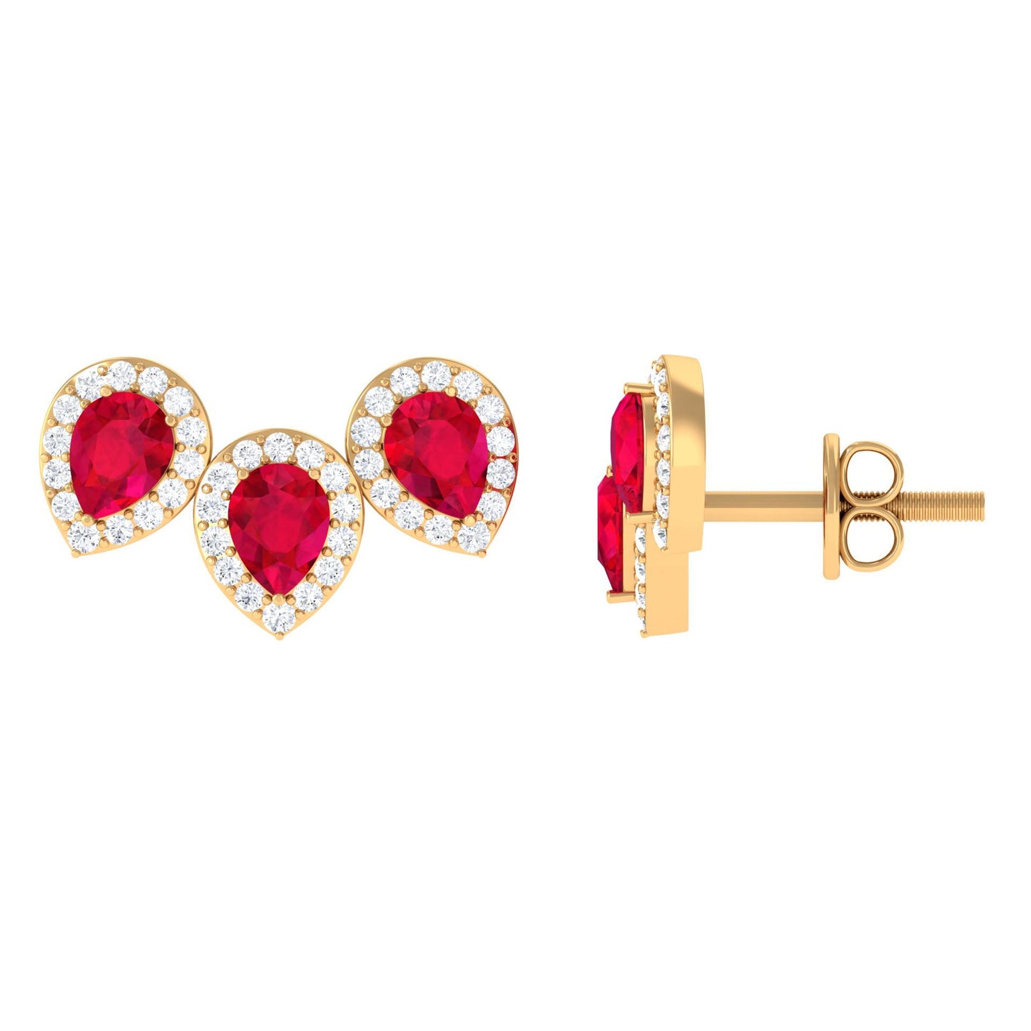 Lab Created Ruby 3 Stone Earrings with Diamond Halo