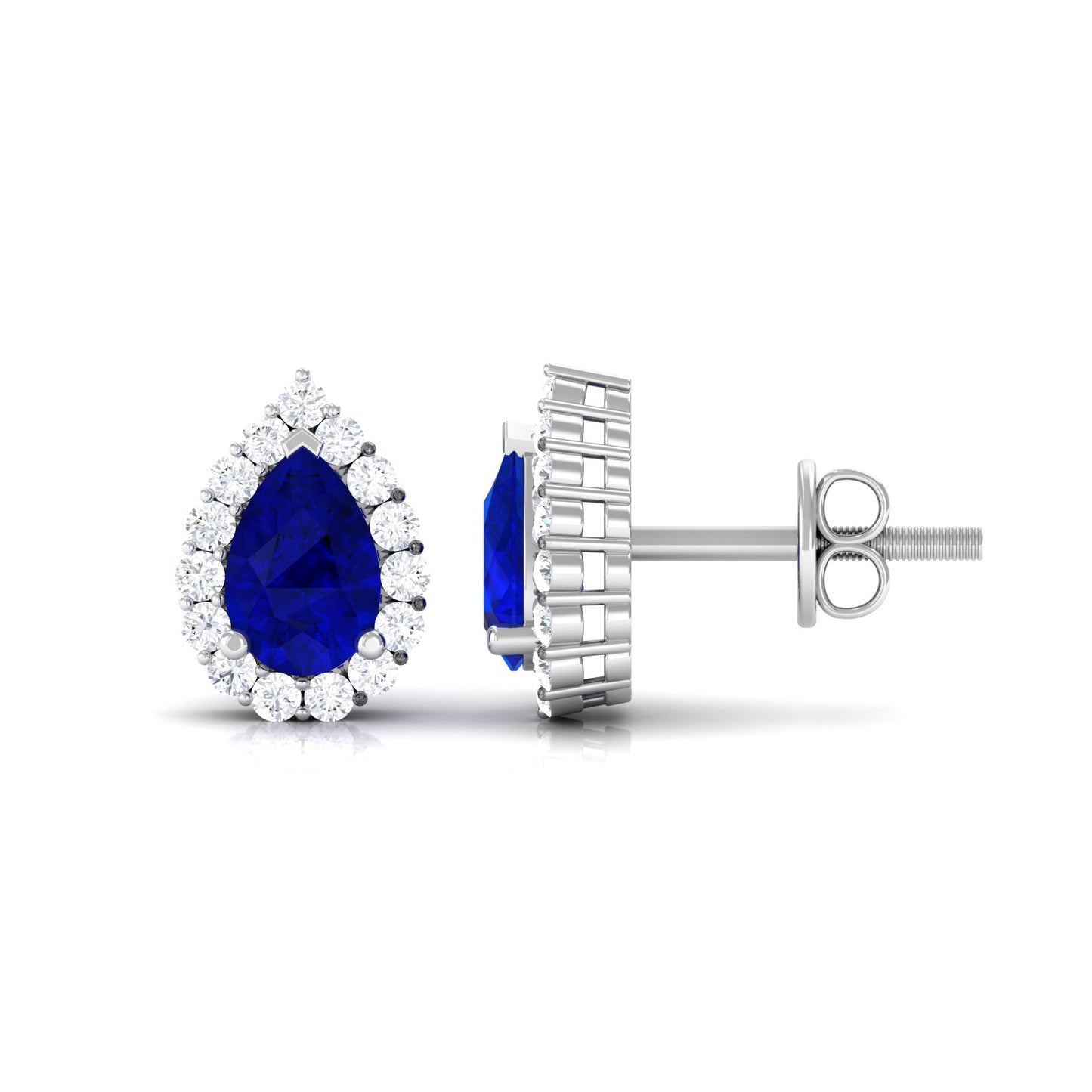 Lab Created Blue Sapphire Teardrop Stud Earrings with Diamond Halo