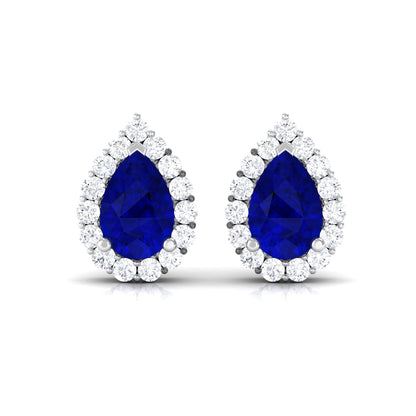 Lab Created Blue Sapphire Teardrop Stud Earrings with Diamond Halo