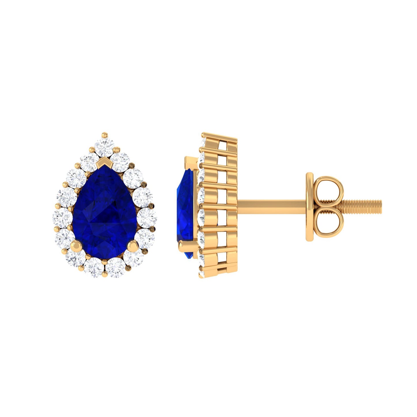 Lab Created Blue Sapphire Teardrop Stud Earrings with Diamond Halo