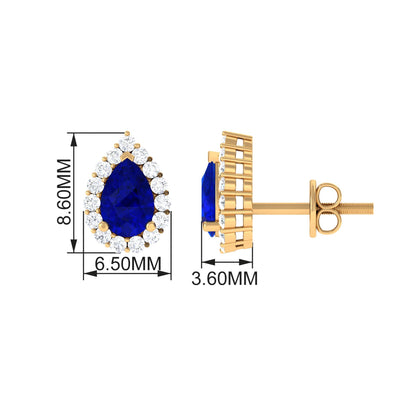 Lab Created Blue Sapphire Teardrop Stud Earrings with Diamond Halo