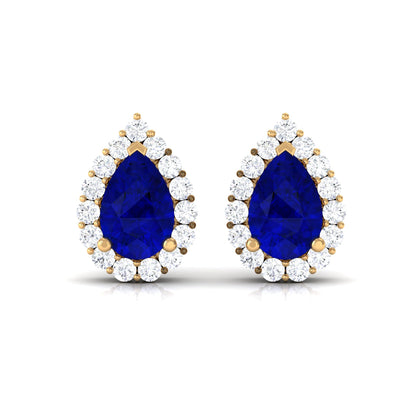 Lab Created Blue Sapphire Teardrop Stud Earrings with Diamond Halo