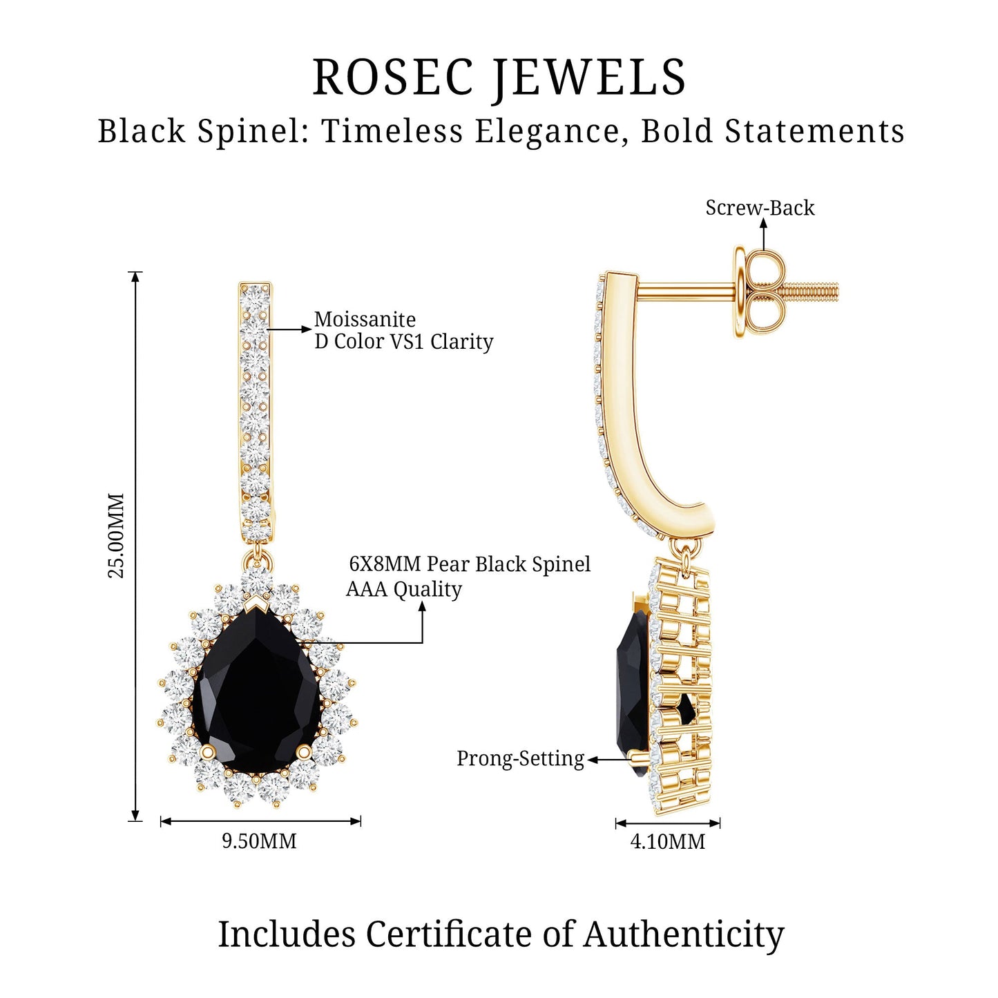 Natural 2 Carat Black Spinel Teardrop Earrings with Moissanite Halo