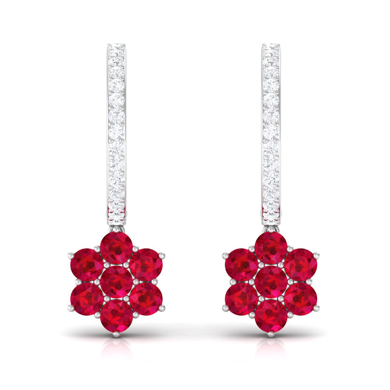 Lab Created Ruby Flower Drop Hoop Earrings with Diamond