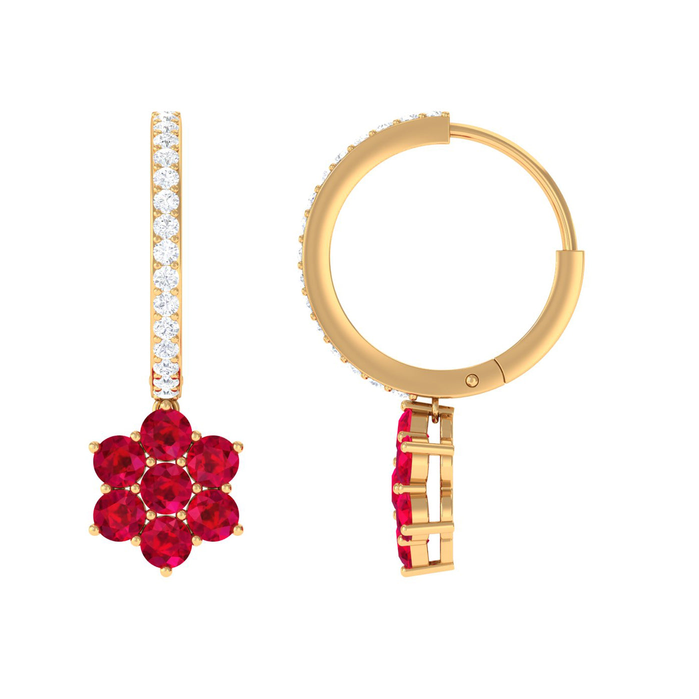 Lab Created Ruby Flower Drop Hoop Earrings with Diamond