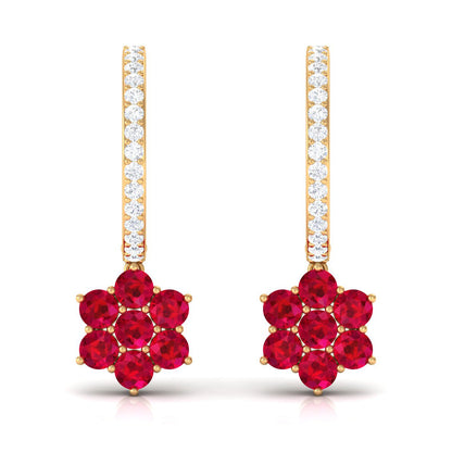 Lab Created Ruby Flower Drop Hoop Earrings with Diamond