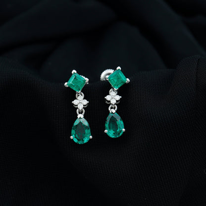 2 Carat Lab Created Emerald and Diamond Bridal Dangle Earrings