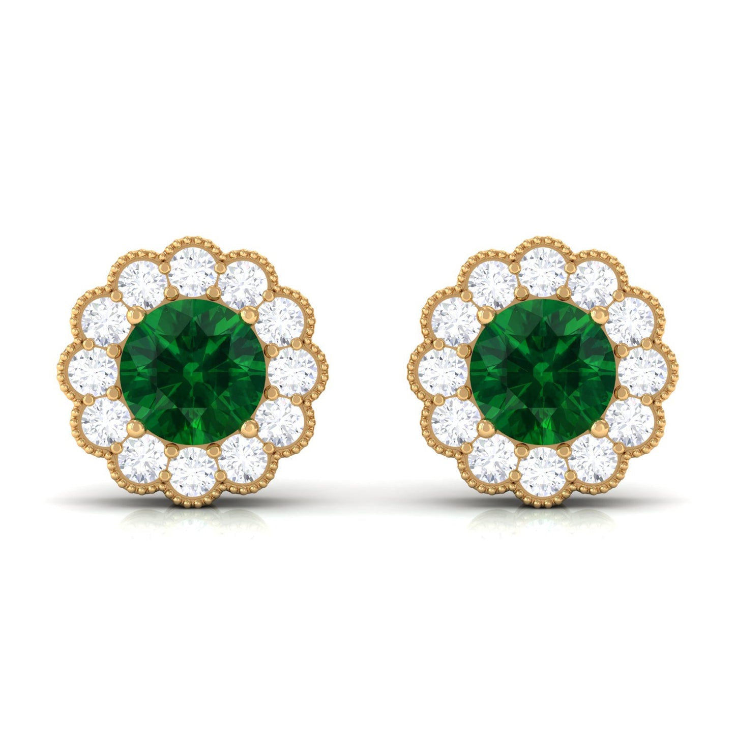 Lab Created Emerald Floral Stud Earrings with Diamond Halo