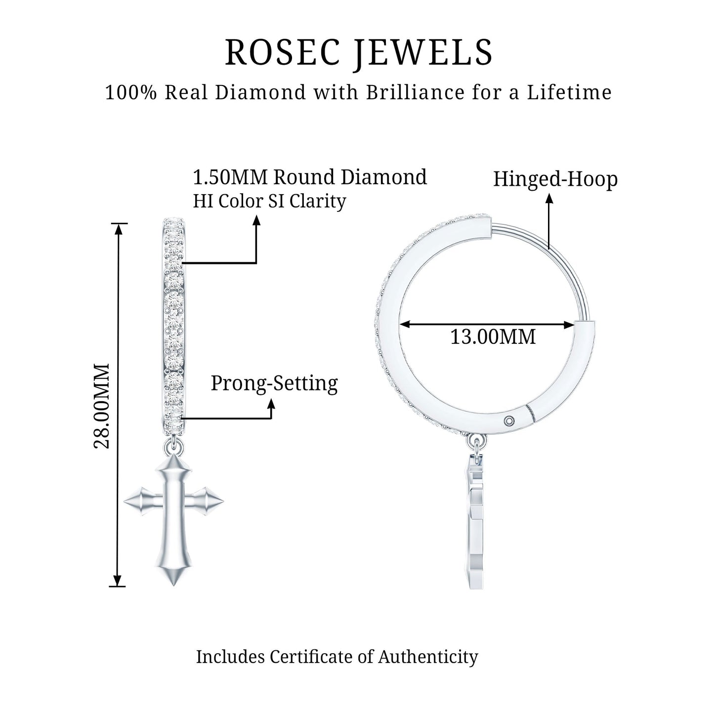 Certified Diamond Cross Drop Hoop Earrings