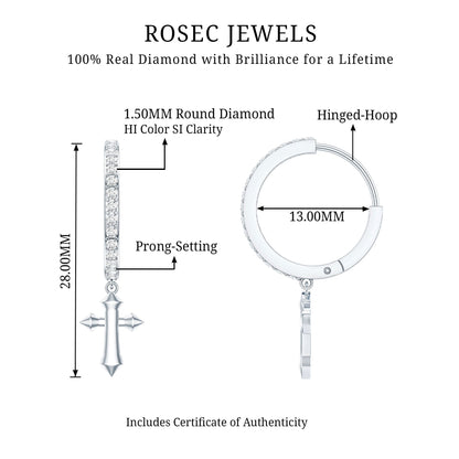 Certified Diamond Cross Drop Hoop Earrings