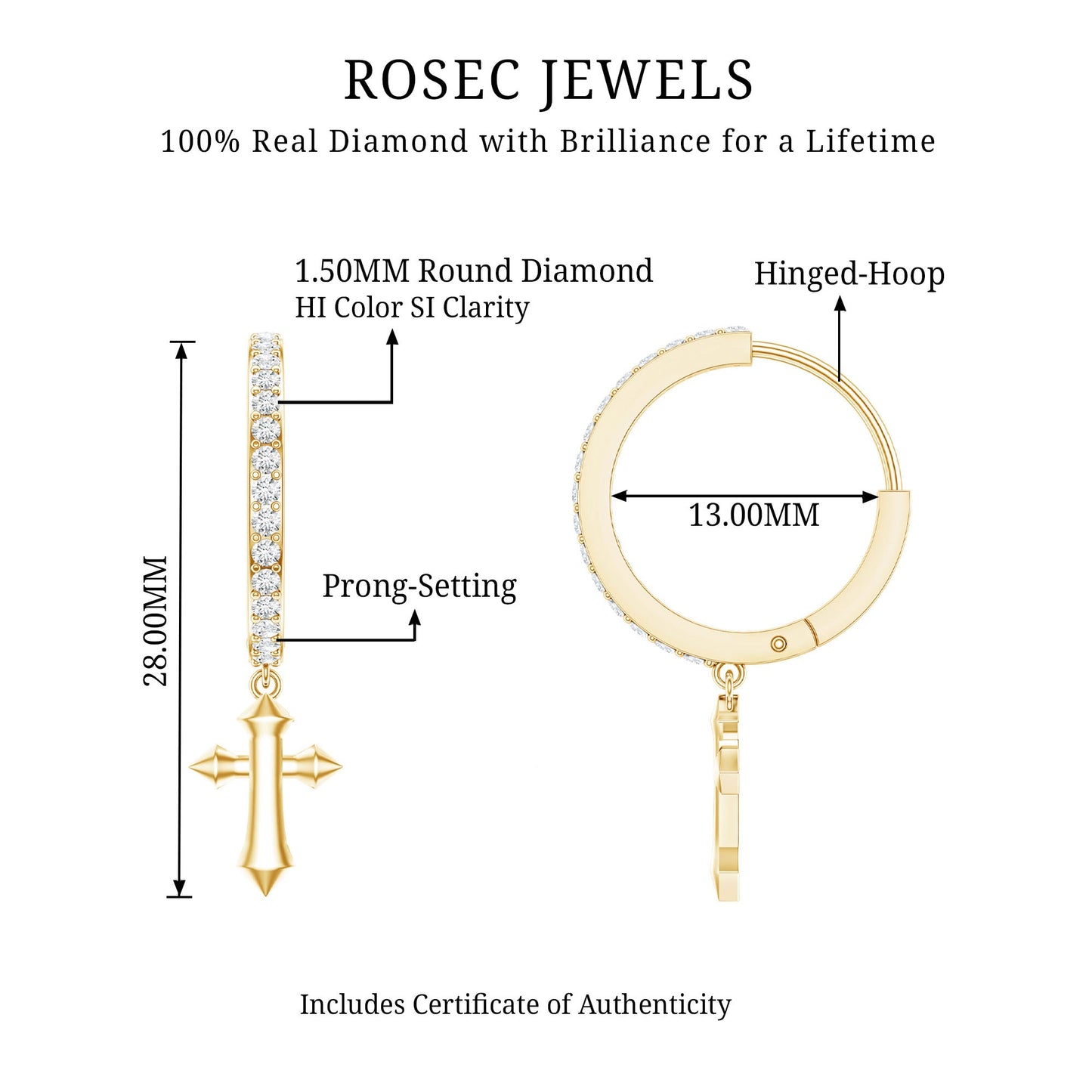 Certified Diamond Cross Drop Hoop Earrings