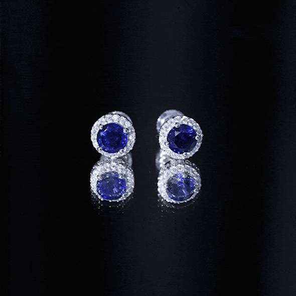 Round Lab Grown Blue Sapphire Stud Earrings With Moissanite Halo