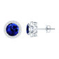 Round Lab Grown Blue Sapphire Stud Earrings With Moissanite Halo
