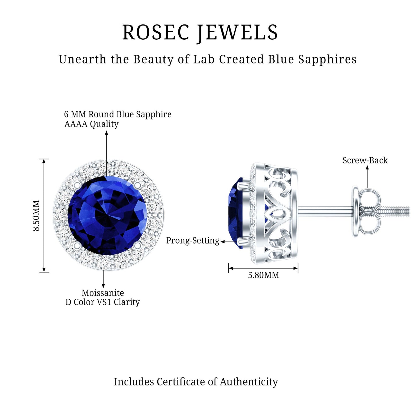 Certified 2 Carat Lab Grown Blue Sapphire Stud Earrings With Moissanite Halo