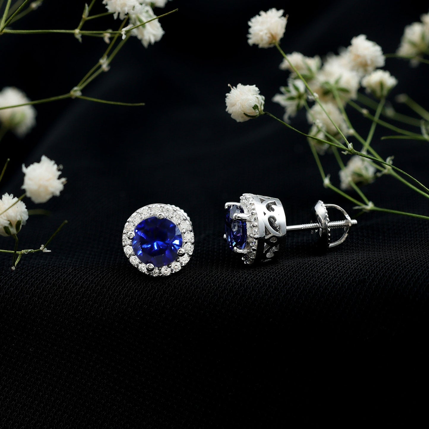Round Lab Grown Blue Sapphire Stud Earrings With Moissanite Halo