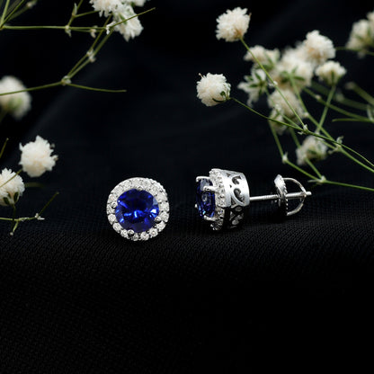 Round Lab Grown Blue Sapphire Stud Earrings With Moissanite Halo