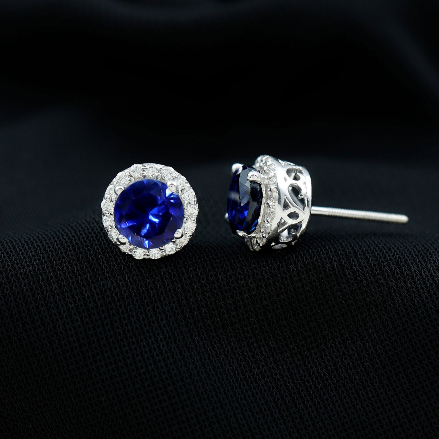 Certified 2 Carat Lab Grown Blue Sapphire Stud Earrings With Moissanite Halo