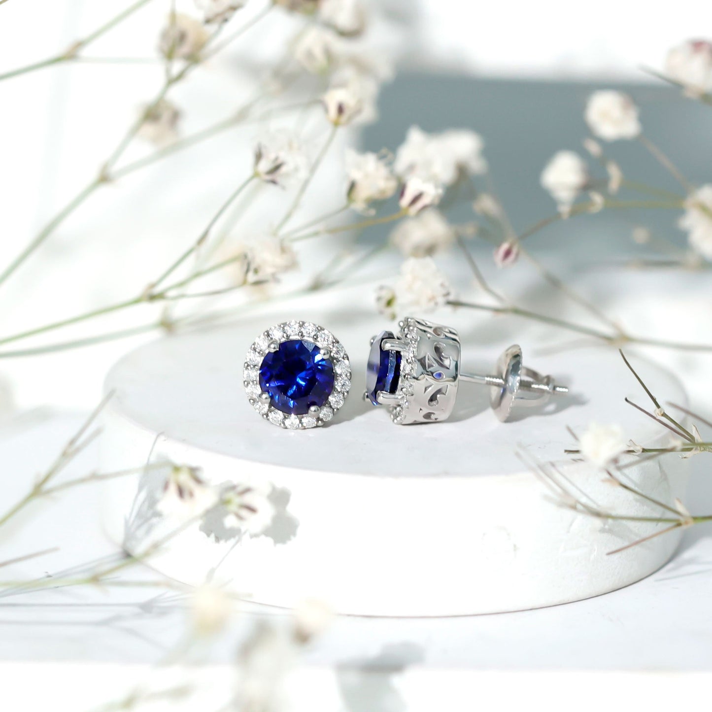 Round Lab Grown Blue Sapphire Stud Earrings With Moissanite Halo