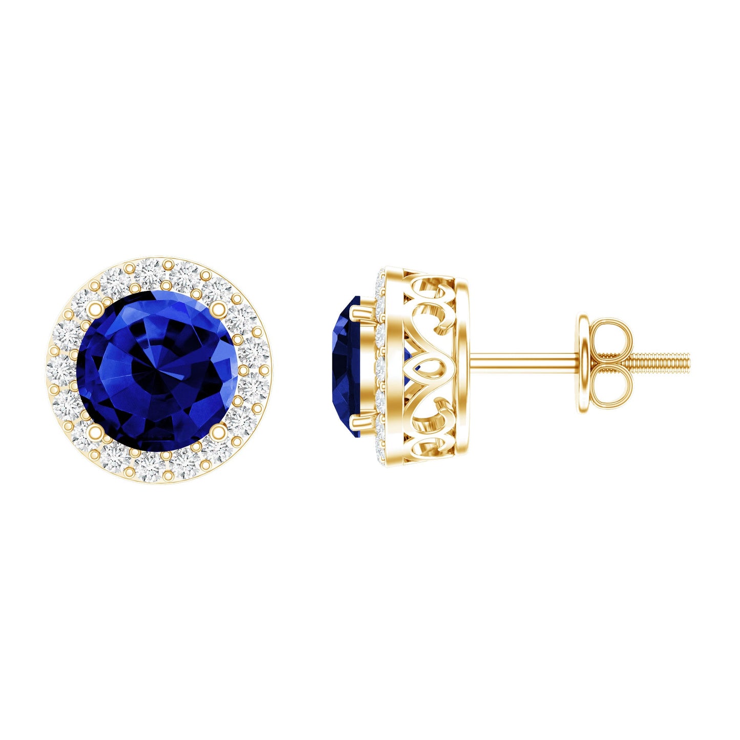 Round Lab Grown Blue Sapphire Stud Earrings With Moissanite Halo