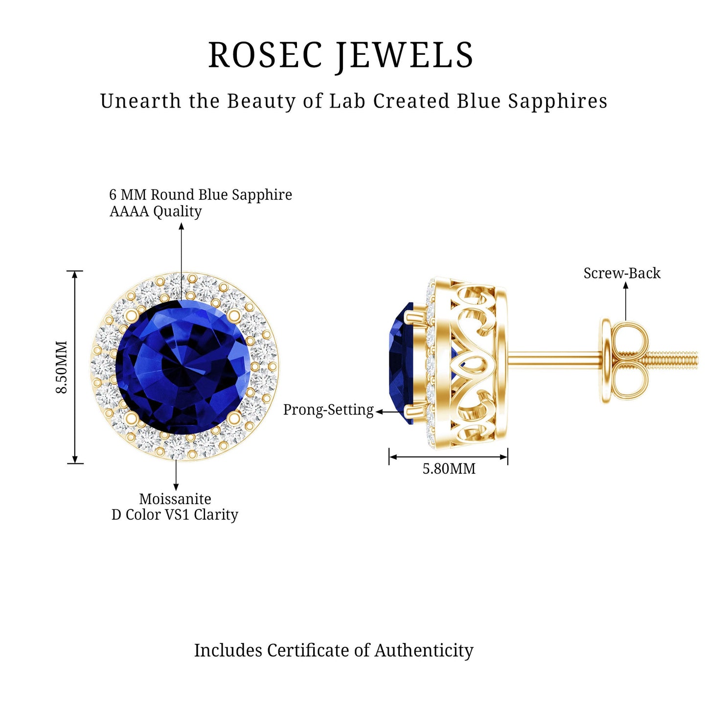 Round Lab Grown Blue Sapphire Stud Earrings With Moissanite Halo
