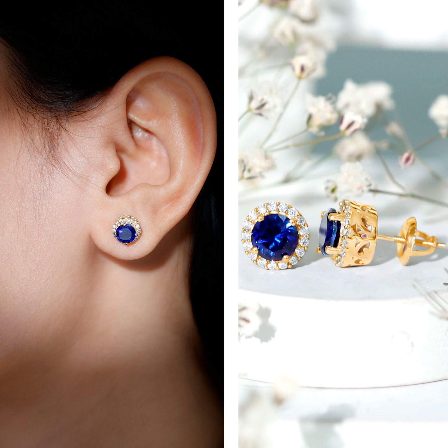 Round Lab Grown Blue Sapphire Stud Earrings With Moissanite Halo