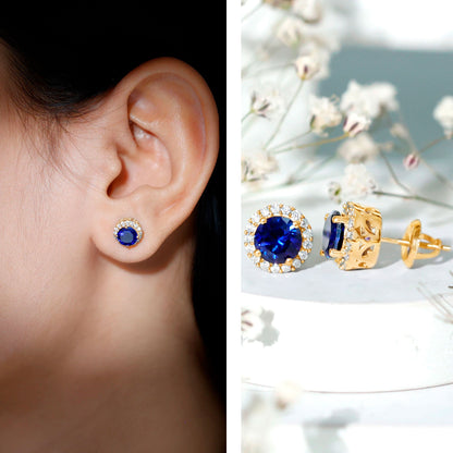 Round Lab Grown Blue Sapphire Stud Earrings With Moissanite Halo