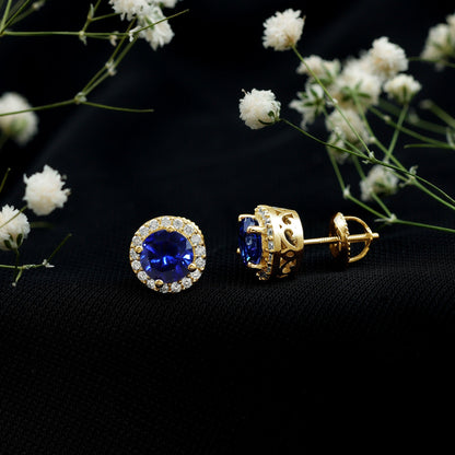 Round Lab Grown Blue Sapphire Stud Earrings With Moissanite Halo