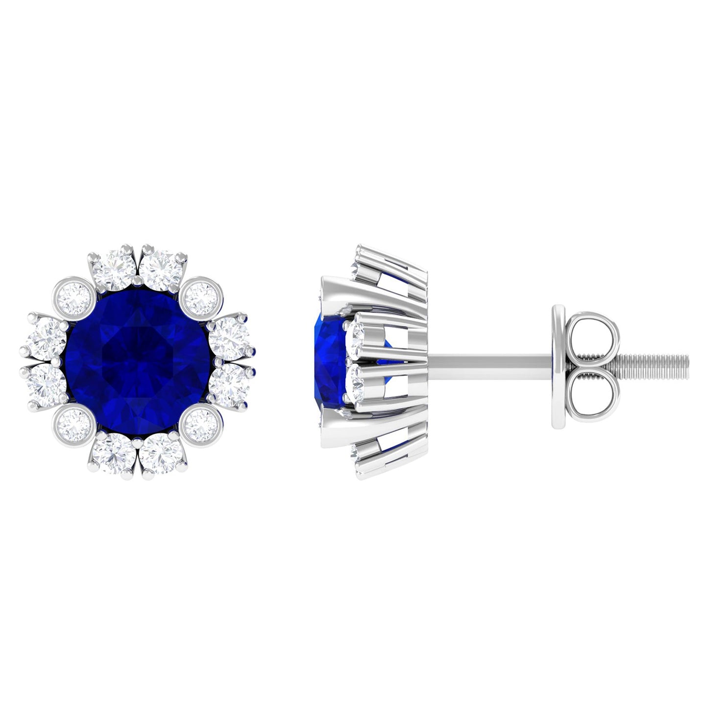 Designer Lab Created Blue Sapphire and Diamond Halo Stud Earrings