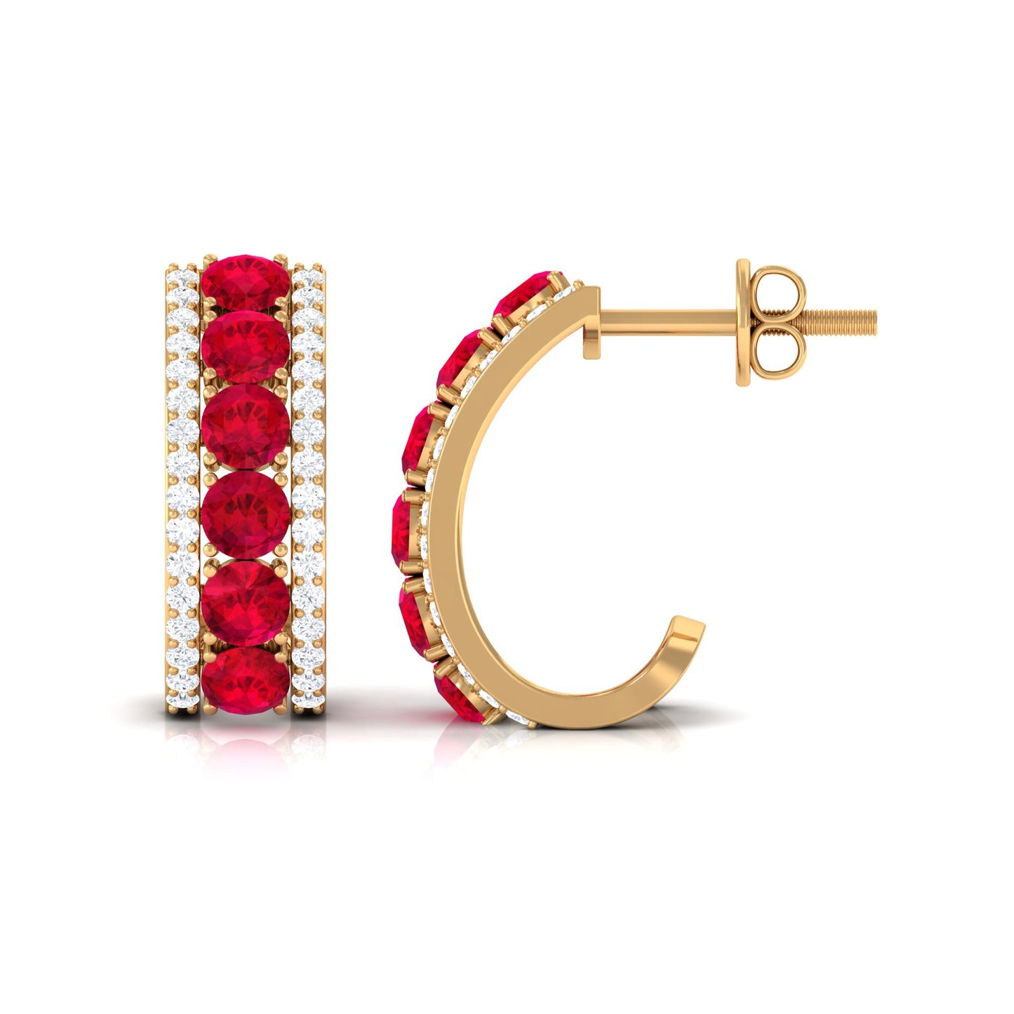 Lab Created Ruby and Diamond Hoop Earrings with Screw Backs