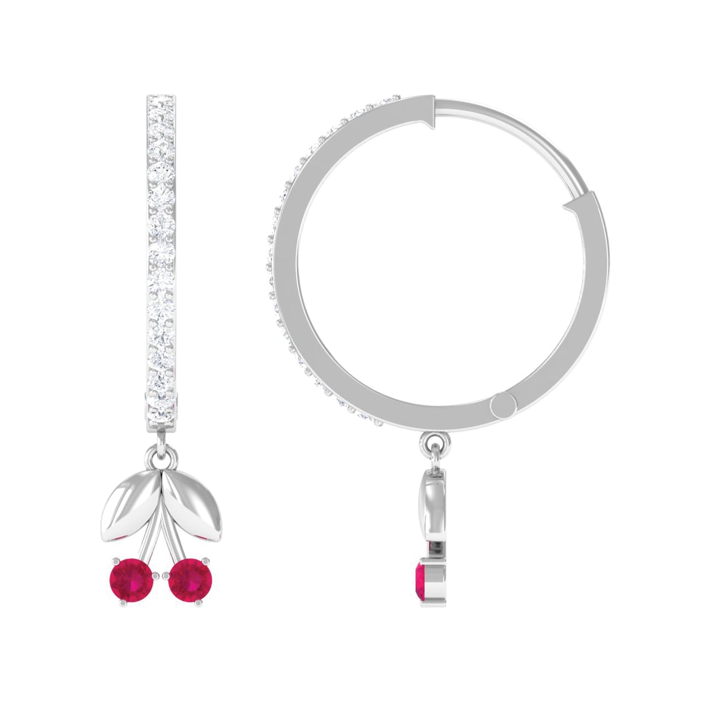 Natural Ruby Cherry Drop Hoop Earrings with Diamond