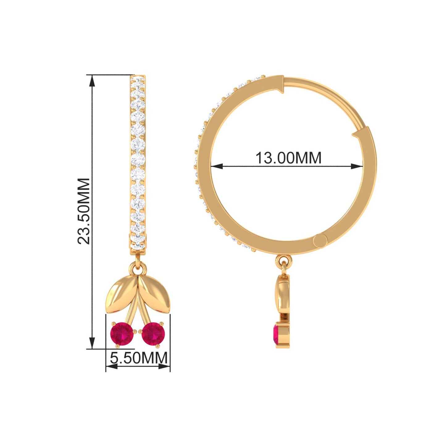 Natural Ruby Cherry Drop Hoop Earrings with Diamond