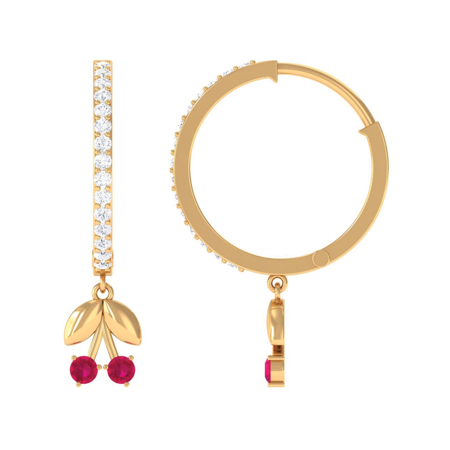 Natural Ruby Cherry Drop Hoop Earrings with Diamond
