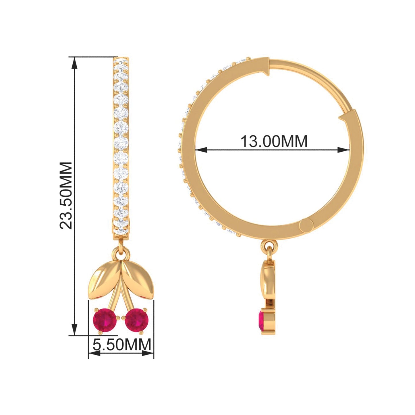 Natural Ruby Cherry Drop Hoop Earrings with Diamond