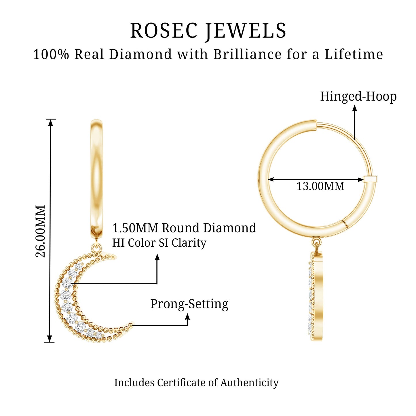 Certified Diamond Moon Drop Hoop Earrings