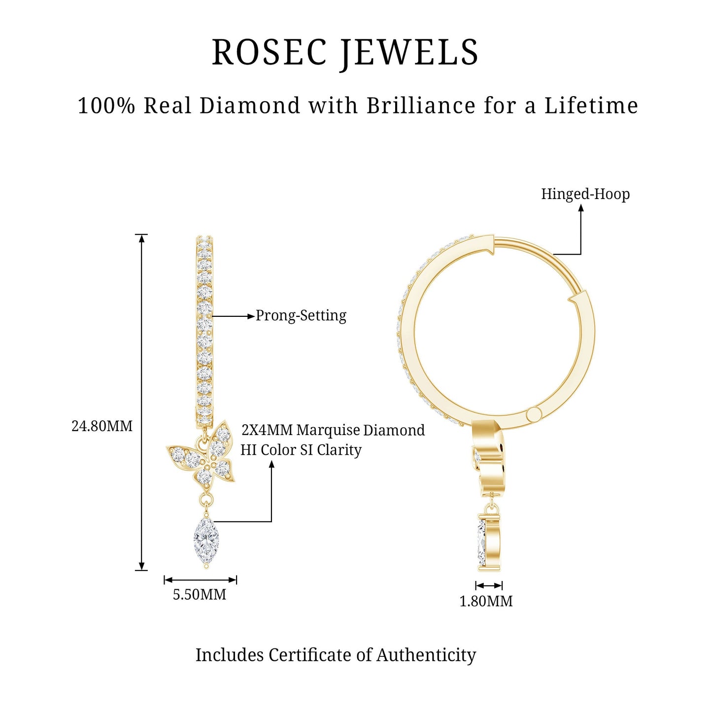 Natural Diamond Butterfly Hoop Earrings for Women