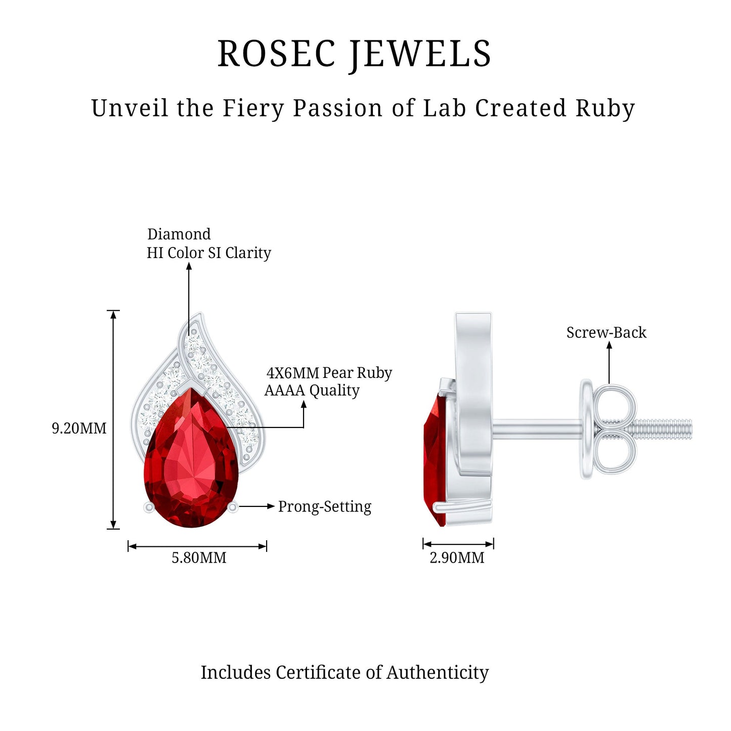 Pear Shaped Lab Created Ruby and Diamond Stud Earring