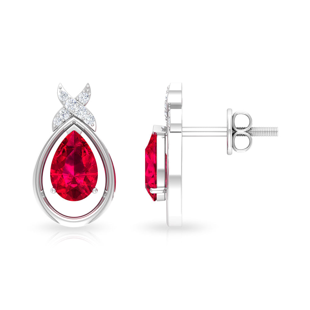 Lab Created Ruby Teardrop Stud Earrings with Diamonds