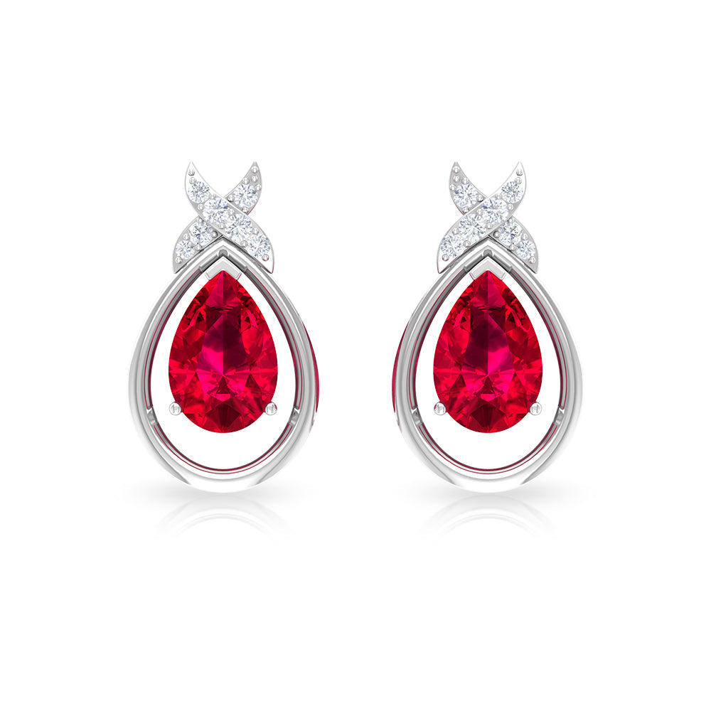 Lab Created Ruby Teardrop Stud Earrings with Diamonds